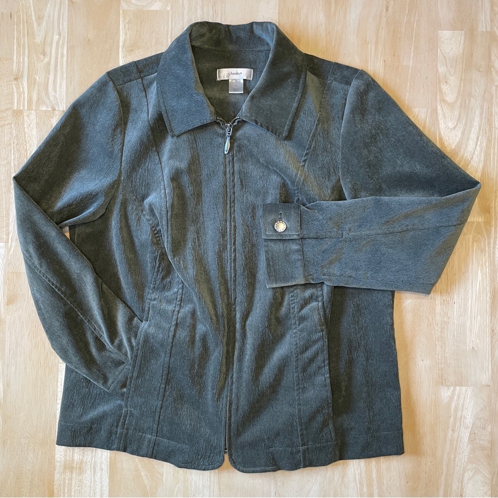 CJ Banks Polyester Corduroy Long Sleeve Collared Zip Up Jacket - Olive Green